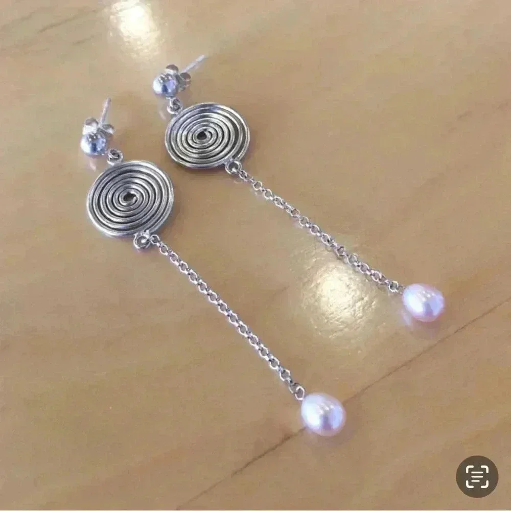 Coiled Pearl Earrings,Shoulder duster Earrings,White Pearl Earrings,Long Earring - Picture 1 of 4